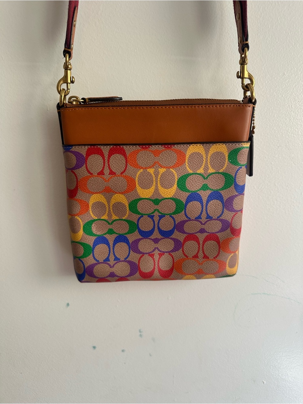 Coach Multicolor Signature Canvas Crossbody with Tan Leather Trim